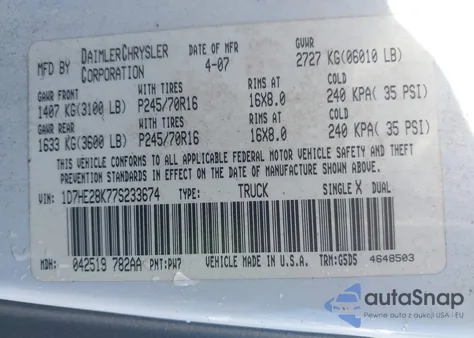 2007 Dodge Dakota St from USA, damaged, VIN 1D7HE28K77S233674